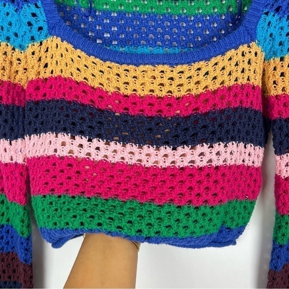 Zara women square neck crochet top size S cropped long sleeve striped multicolor - Picture 5 of 9